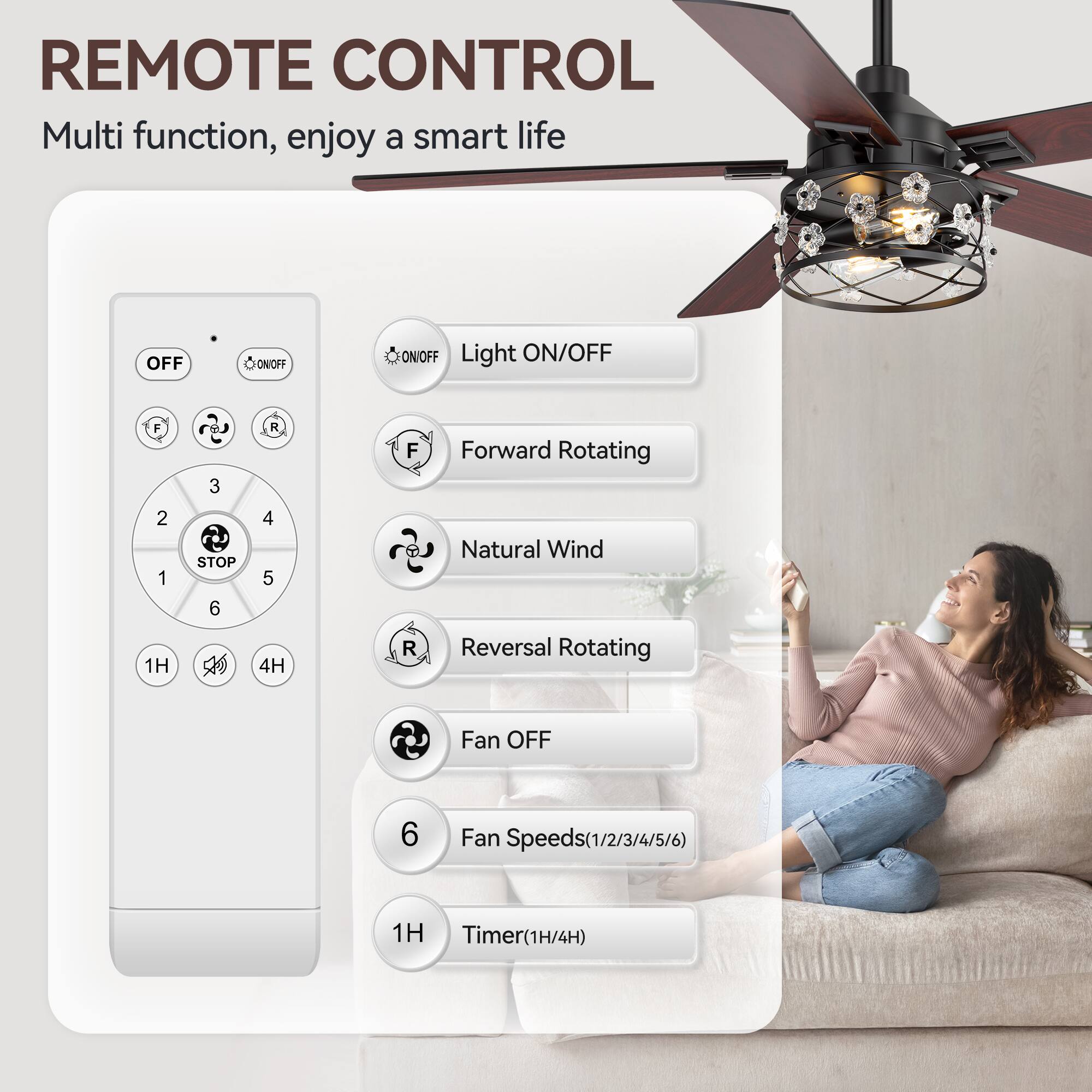 REMOTE CONTROL  
Multi function, enjoy a smart life  

- OFF  
- ON/OFF  
- Light ON/OFF  
- Forward Rotating  
- Natural Wind  
- Reversal Rotating  
- Fan OFF  
- Fan Speeds(1/2/3/4/5/6)  
- Timer(1H/4H)  

1H  
4H