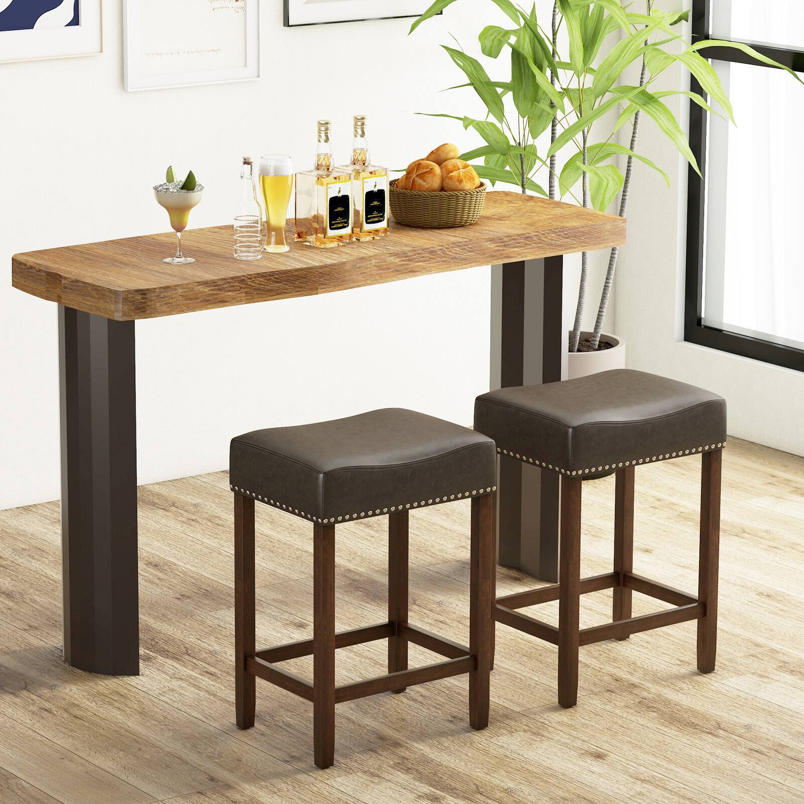 Alt View 3. Costway - 24" Upholstered Bar Stools Set of 2 with Footrests Rubberwood Frame Saddle-shaped - Gray.