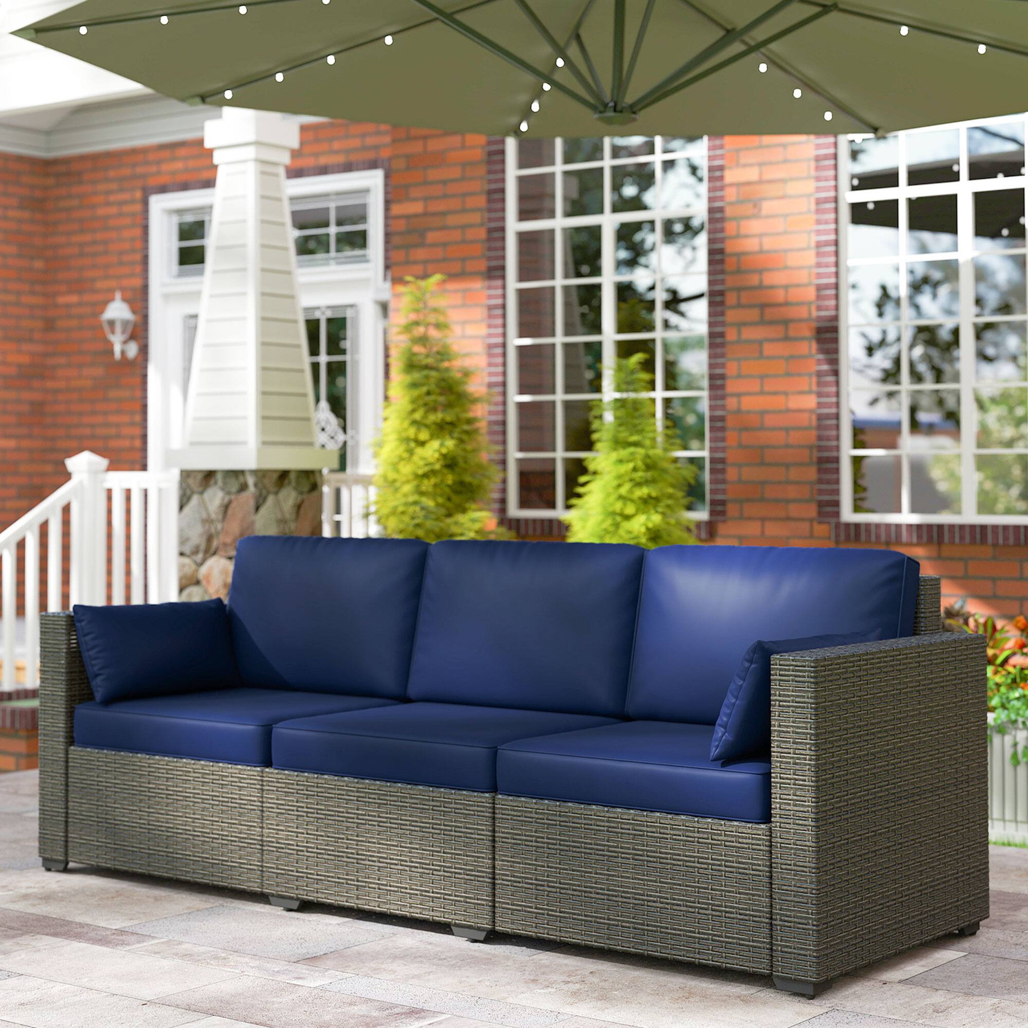 Alt View 1. Outsunny - Patio Couch PE Wicker Deep Seating Outdoor Sofa with Removable Cushions, 3 Seater Rattan Sofa, Outdoor Furniture - Navy Blue.