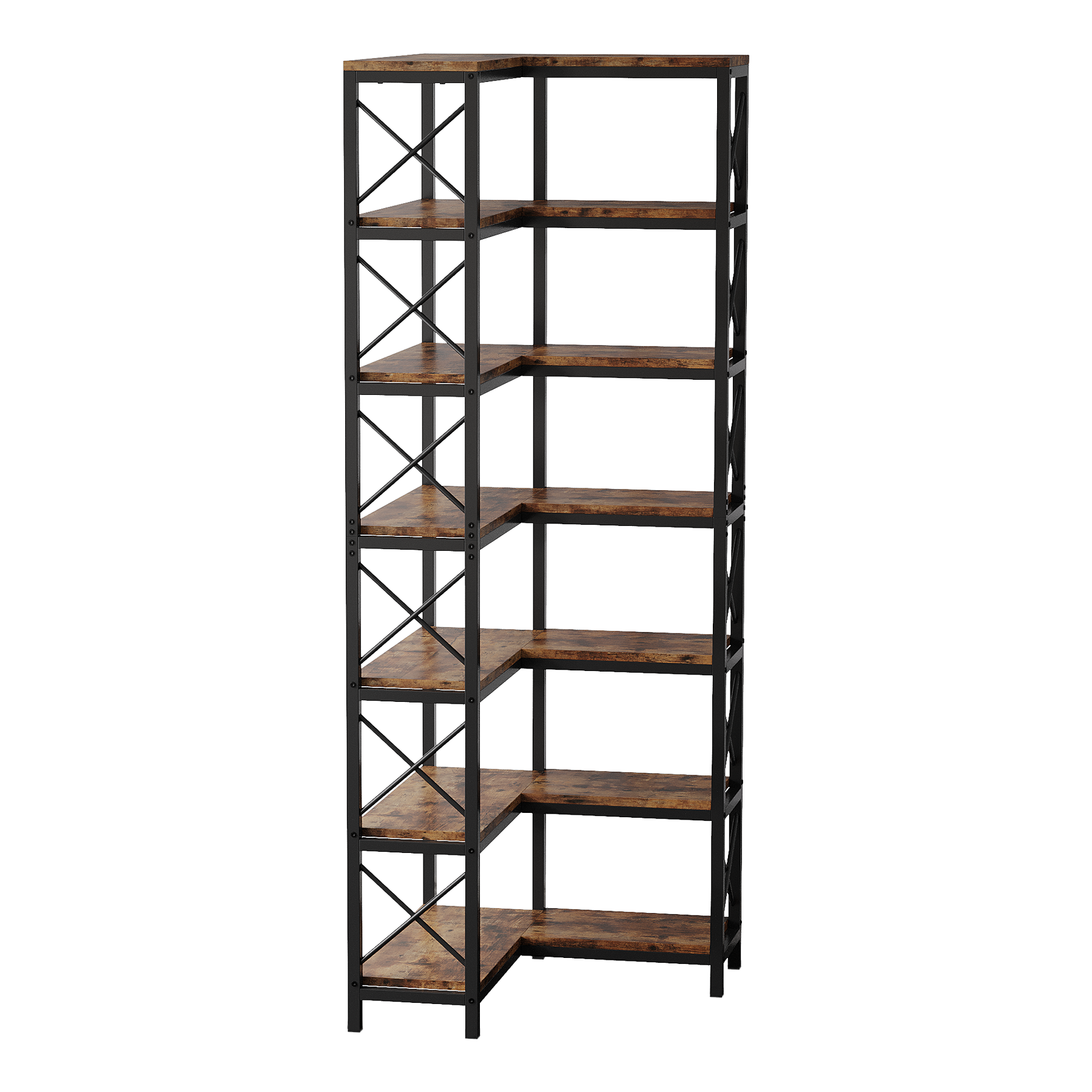 Left. TinyHomie - 79.53in Tall 7-Tier Large Corner Bookshelf Rustic Brown Wood and Metal Tall Storage Bookcase - Rustic Brown.