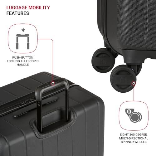 LUGGAGE MOBILITY FEATURES

- PUSH-BUTTON LOCKING TELESCOPIC HANDLE
- EIGHT 360 DEGREE, MULTI-DIRECTIONAL SPINNER WHEELS