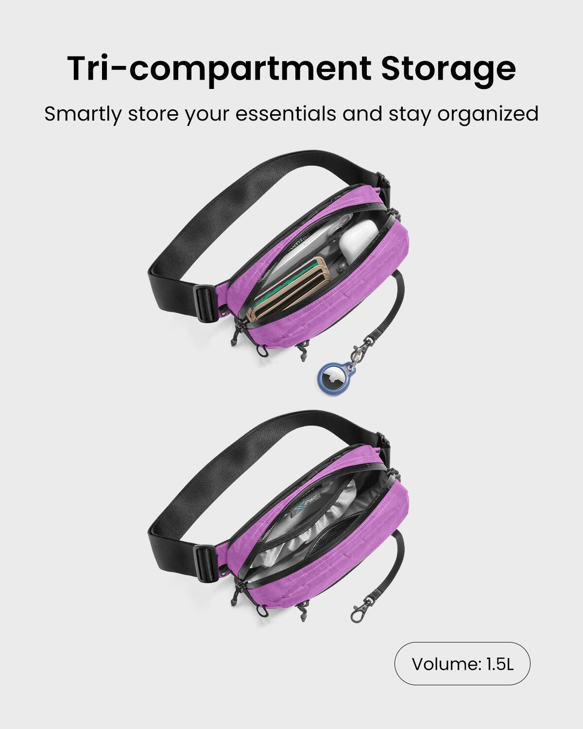 Tri-compartment Storage Smartly store your essentials and stay organized. Volume: 1.5L