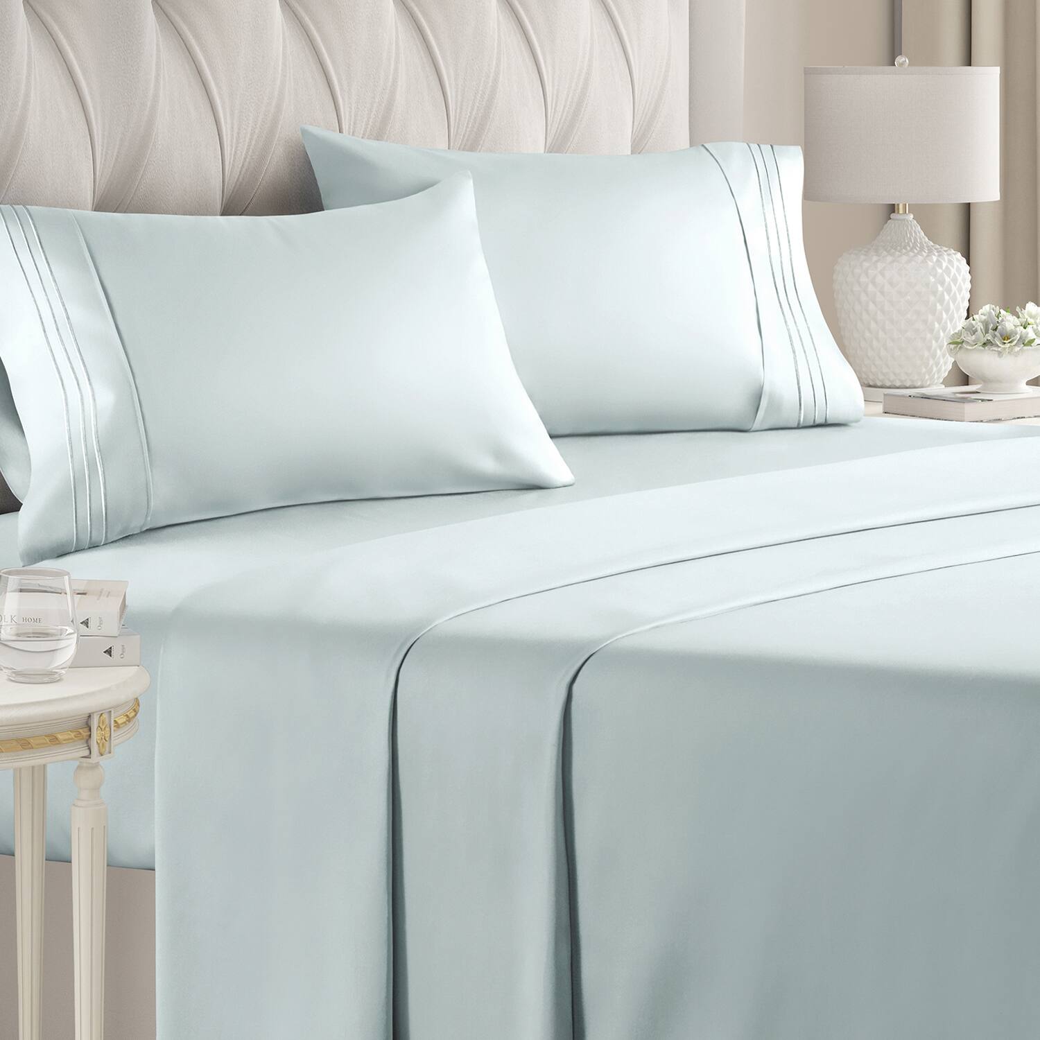 Front. CGK Linens - Luxury Soft 4 Piece Solid Bed Sheet Set - Deep Pocket Fits 8"-16" Mattresses - Queen - Ice Blue.