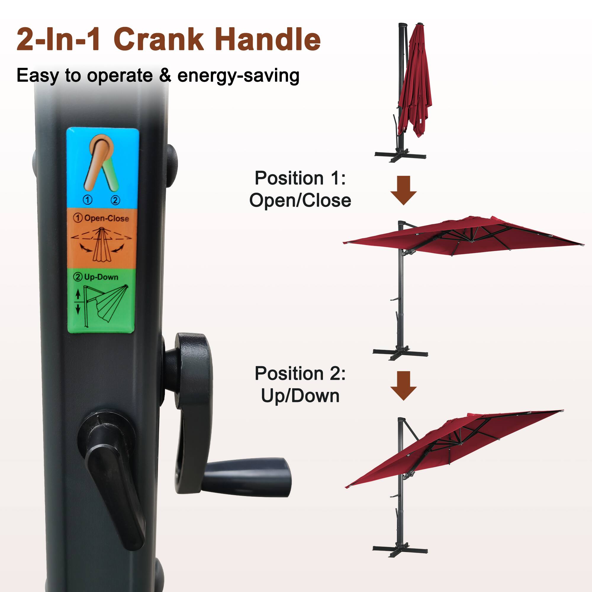 2-In-1 Crank Handle  
Easy to operate & energy-saving  

Position 1: Open/Close  
Position 2: Up/Down  

1. Open/Close  
2. Up/Down