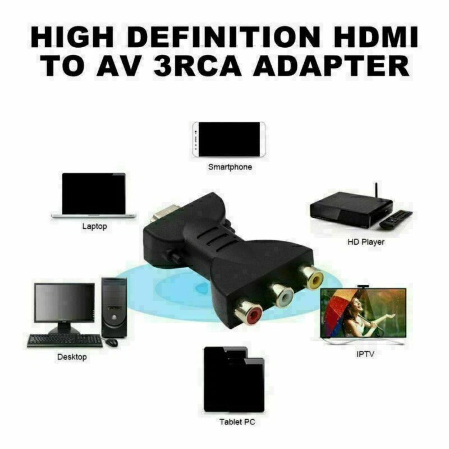 HIGH DEFINITION HDMI TO AV 3RCA ADAPTER

- Smartphone
- Laptop
- HD Player
- Desktop
- Tablet PC
- IPTV