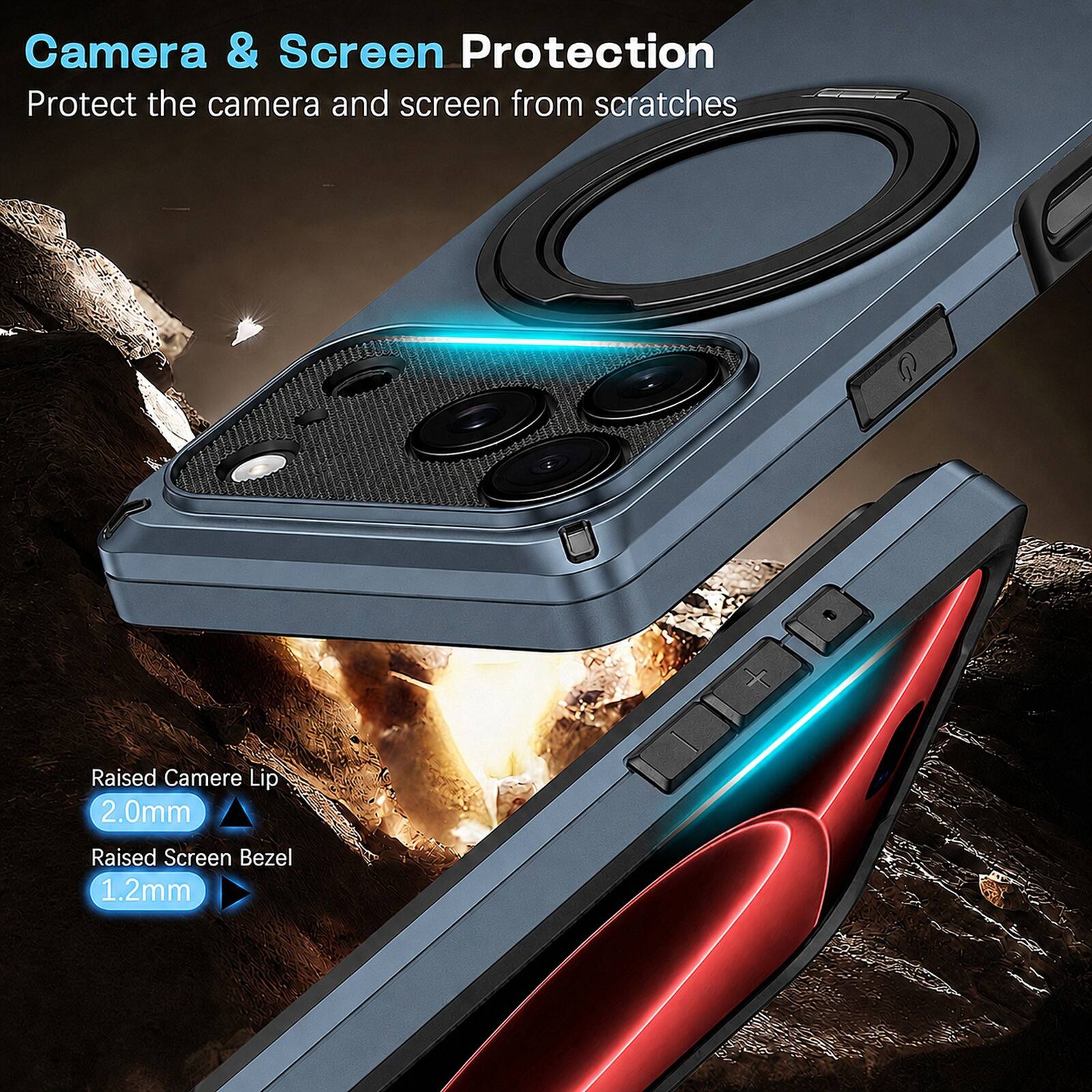 Camera & Screen Protection  
Protect the camera and screen from scratches  

Raised Camera Lip 2.0mm  
Raised Screen Bezel 1.2mm