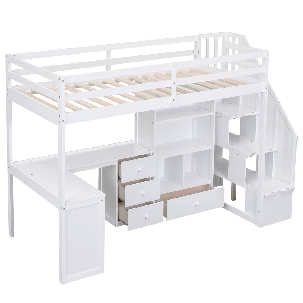 Alt View 6. Loheer - Loheer Twin Loft Bed with Desk, White Loft Bed with Storage Stairs - White.
