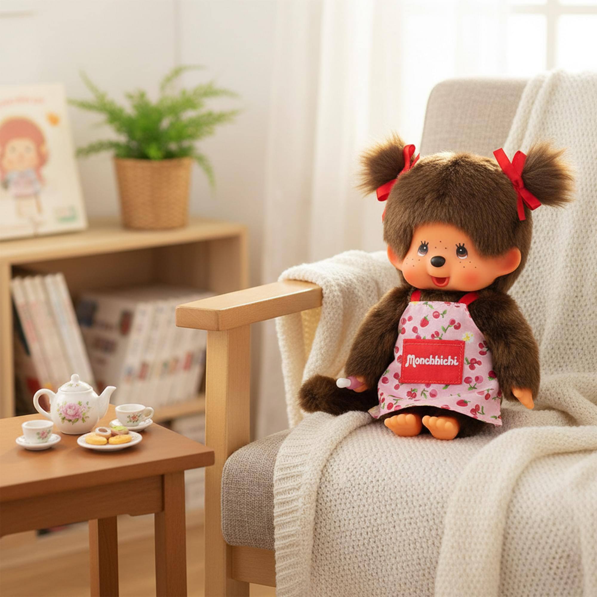 Alt View 2. Sumikkogurashi - Monchhichi Flower Apron Girl 8 Inch Plush - Brown.