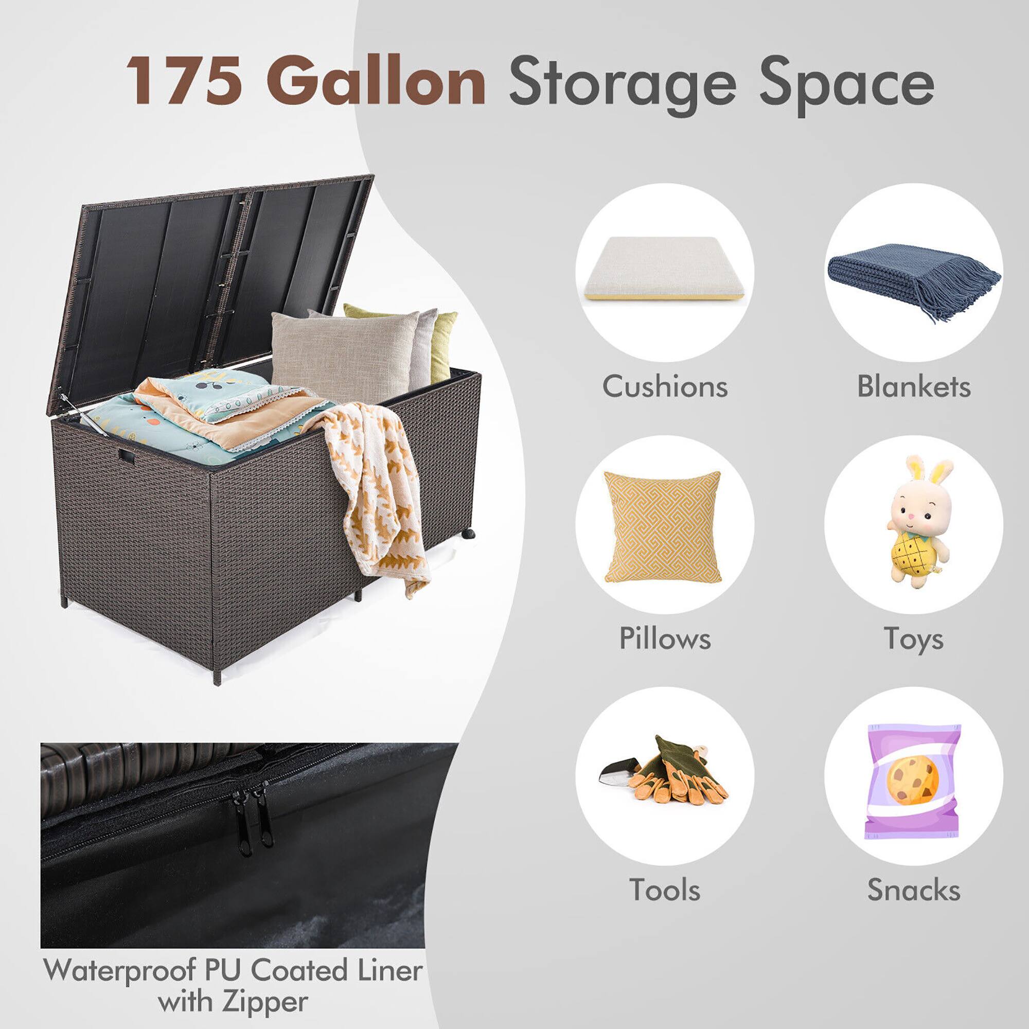 175 Gallon Storage Space

- Cushions
- Blankets
- Pillows
- Toys
- Tools
- Snacks

Waterproof PU Coated Liner with Zipper