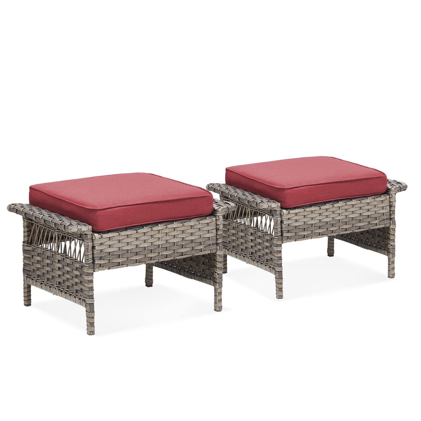 Alt View 1. Mondawe - Set of 2 Outdoor PE Wicker Ottomans with Blue Cushions - Red.