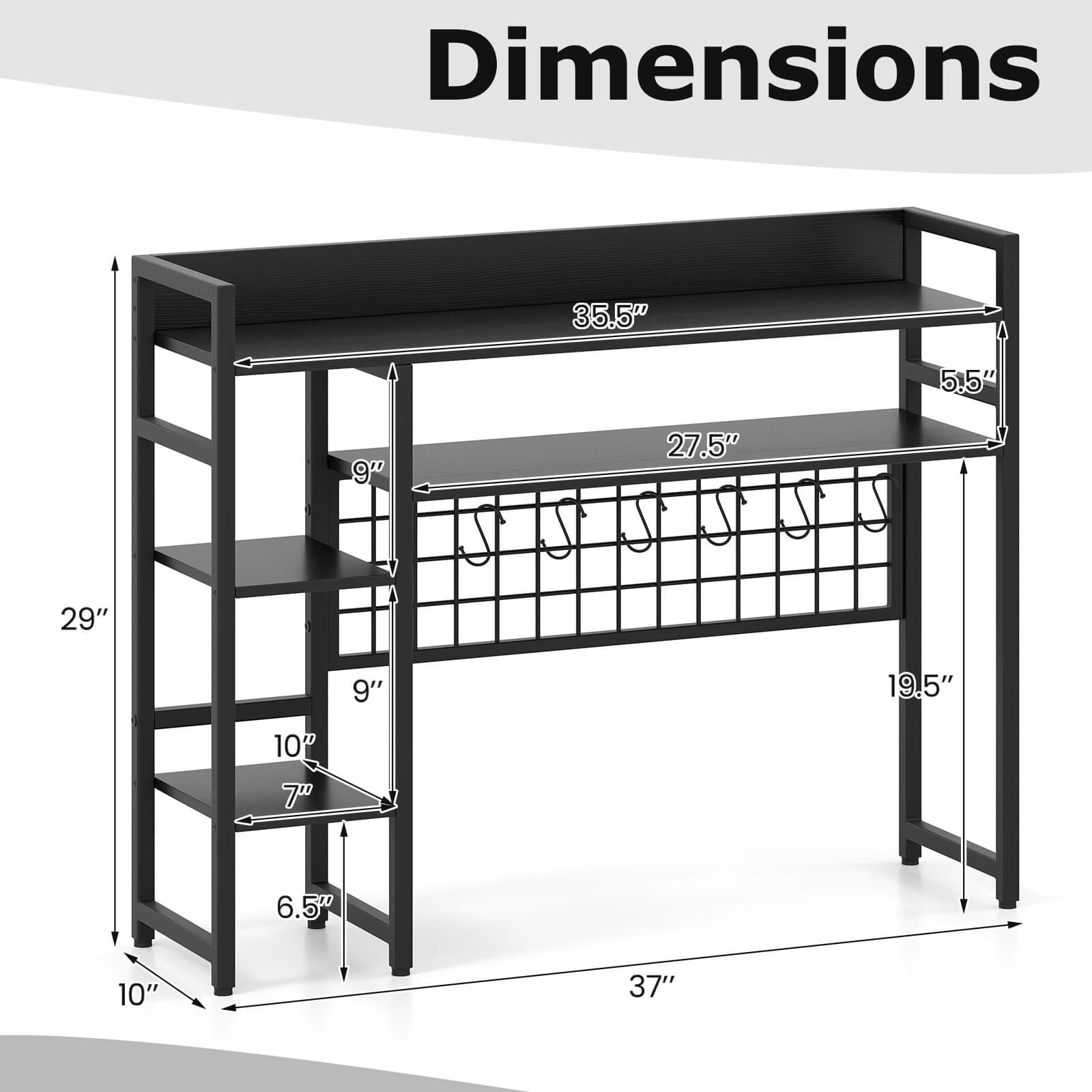 Dimensions: 35.5" x 5.5" x 29" x 9" x 27.5" x 10" x 37" x 10" x 6.5" x 10"