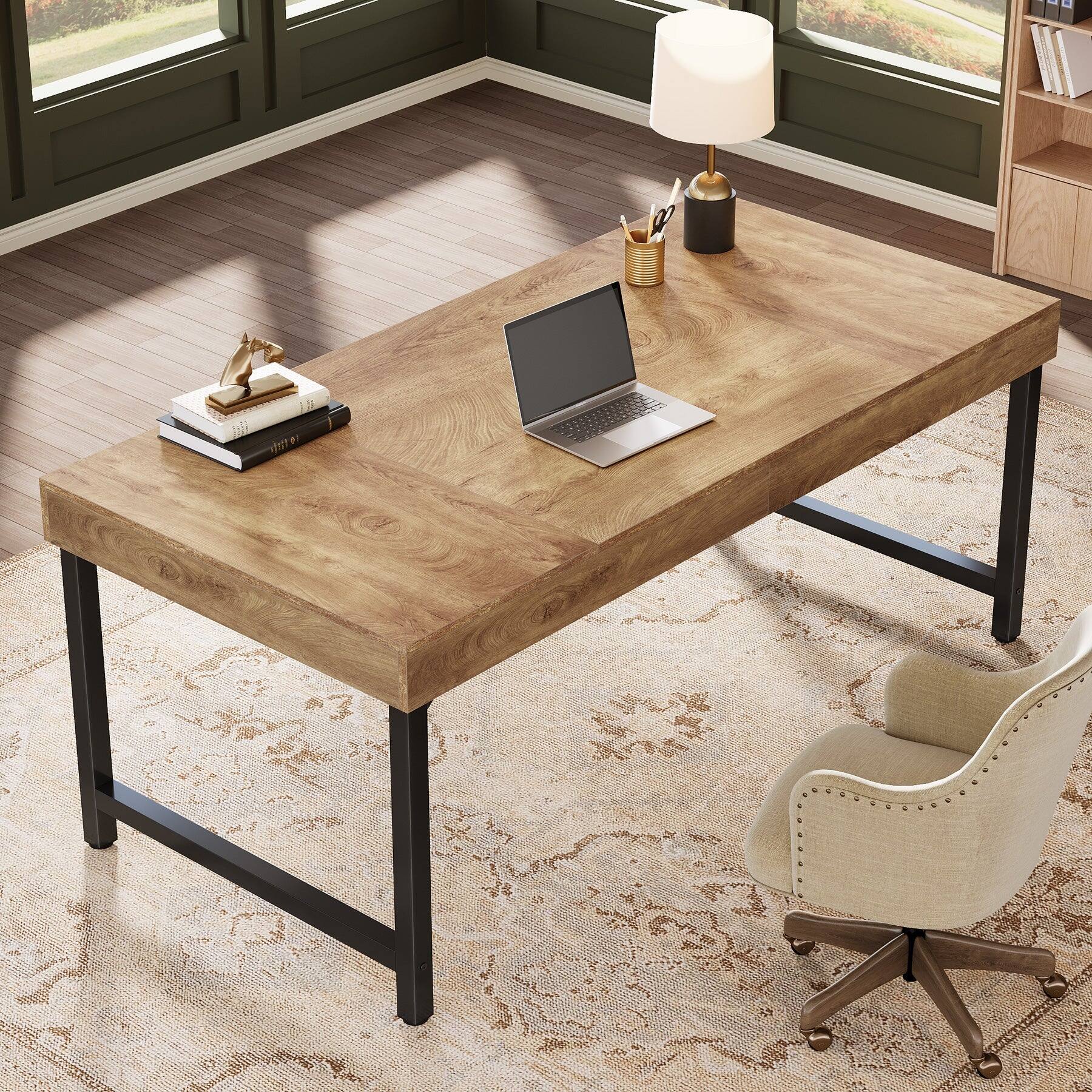 Alt View 1. Tribesigns - Office Executive Desk with Metal Frame, Rectangular Top, for Computer Work and Writing in Home Offices - Brown.