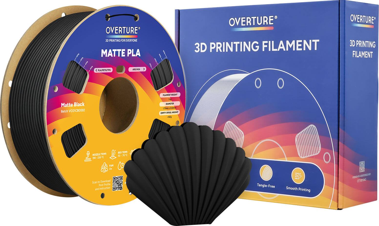 OVERTURE 3D PRINTING FOR EVERYONE  
MATTE PLA  
OVERTURE 3D PRINTING FILAMENT  

PLA/PETG/TPU ABS/ASA  
Matte Black  
Batch VC01CB0592  

FILAMENT WEIGHT: 1kg  
DIAMETER: 1.75mm  
EMPTY SPOOL WEIGHT: 342g  

NOZZLE TEMP: 190-230°C  
BED TEMP: 50-70°C  
FAN: On  

Scan to Download Print Profile and Instruction  

Tangle-Free Smooth Printing  

0054520023  
OT1001043