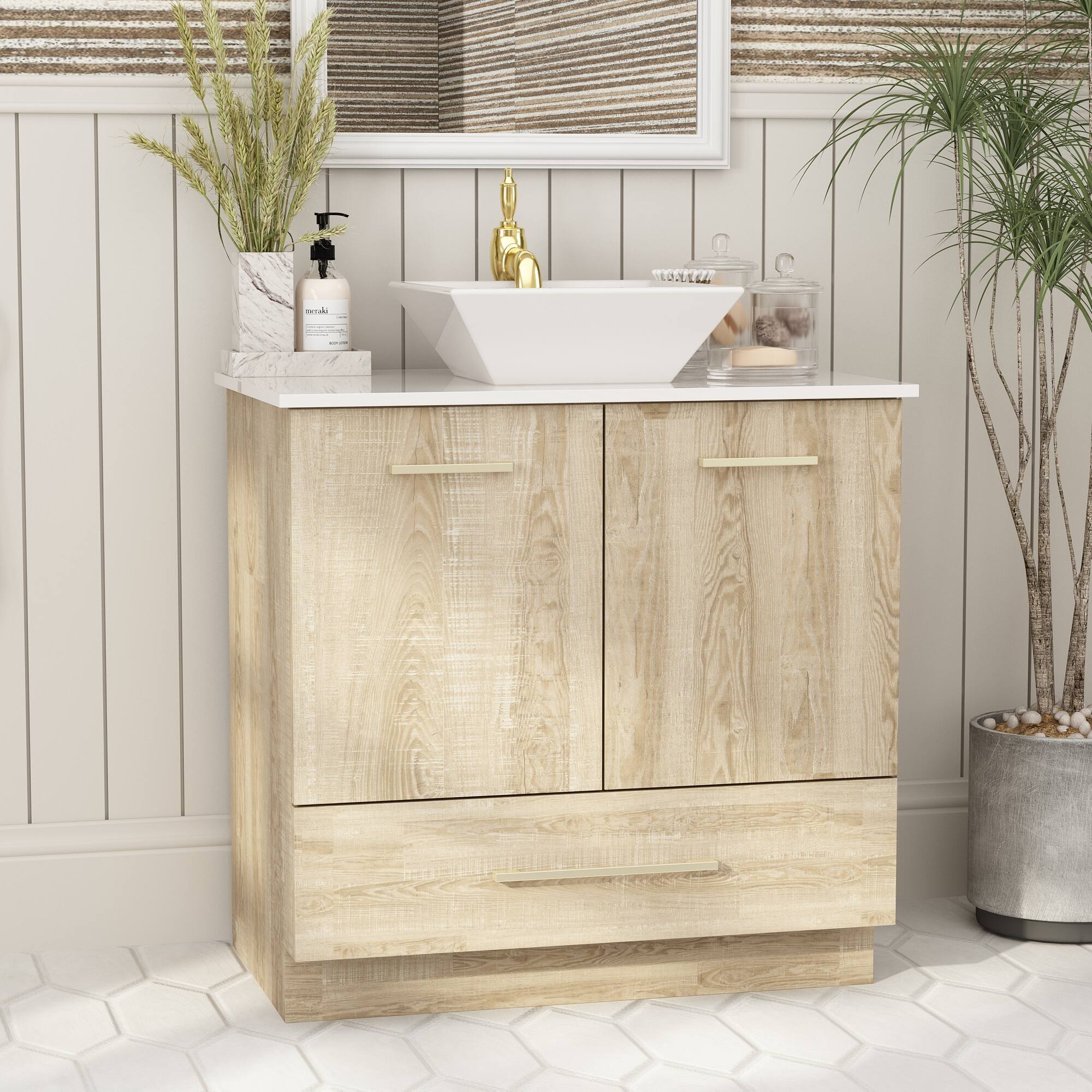 Left. Famapy - Bathroom Vanity with Ceramic Sink – Modern Natural Wood-Style Storage Cabinet with Drawers & Countertop Space - White & Wooden.
