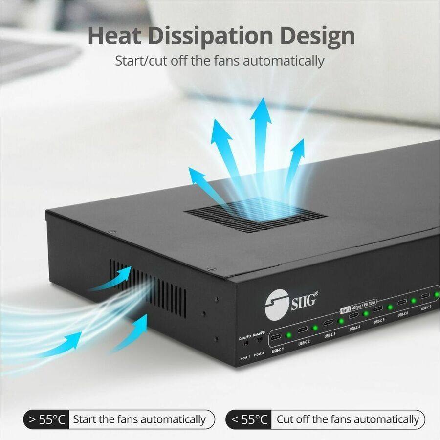 Heat Dissipation Design  
Start/cut off the fans automatically  

> 55°C Start the fans automatically  
< 55°C Cut off the fans automatically