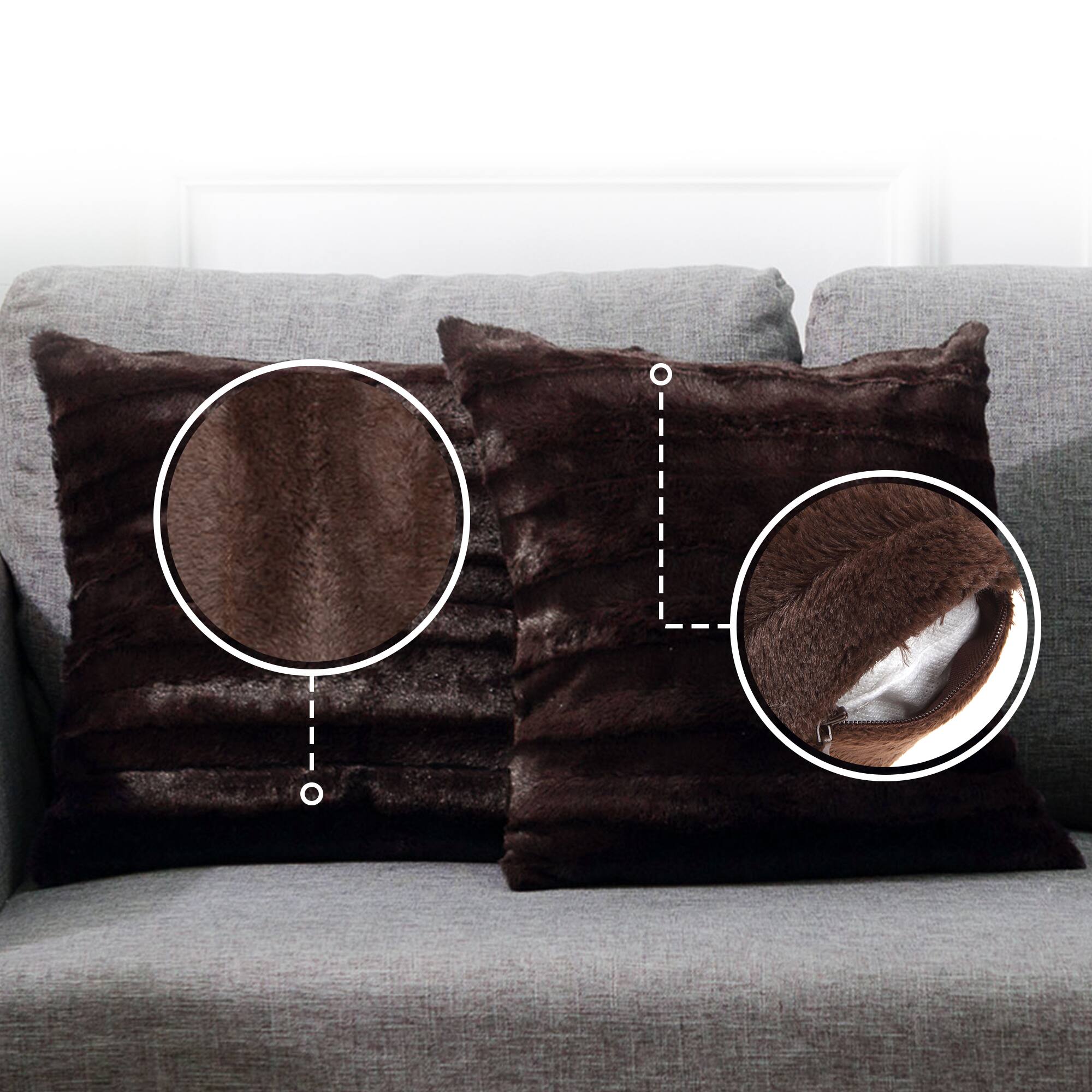 Alt View 1. Cheer Collection - Plush Faux Fur Throw Pillows with Microplush Reverse, Removable Covers, 18 x 18 in, Set of 2 - Chocolate - Chocolate.