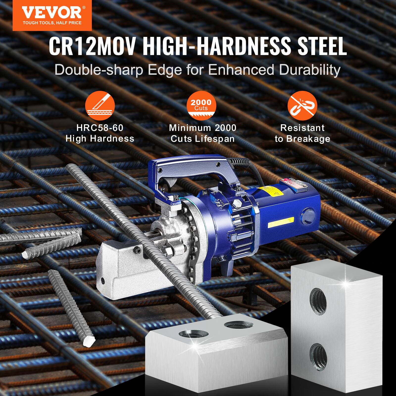 VEVOR  
TOUGH TOOLS, HALF PRICE  

CR12MOV HIGH-HARDNESS STEEL  
Double-sharp Edge for Enhanced Durability  

- HRC58-60 High Hardness  
- Minimum 2000 Cuts Lifespan  
- Resistant to Breakage  
- 2900 Cuts