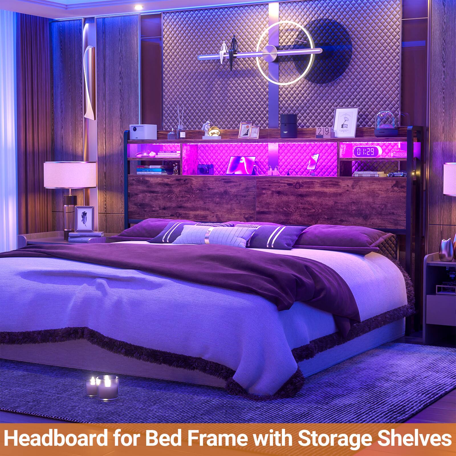 Headboard for Bed Frame with Storage Shelves