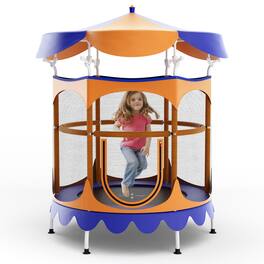 Gymax - 64'' Kids Trampoline w/ Detachable Canopy Safety Enclosure Net Foam Handle Orange - Orange, Blue