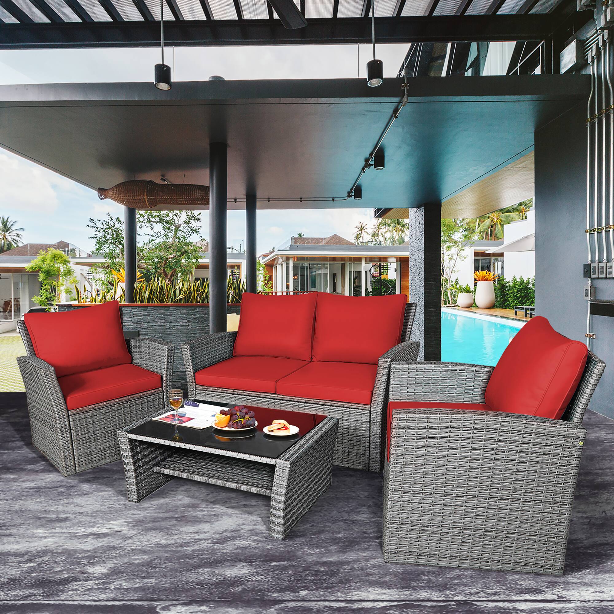 Alt View 2. Costway - Costway 4PCS Patio Rattan Furniture Set Sofa Table W/Storage Shelf Cushion - Red.