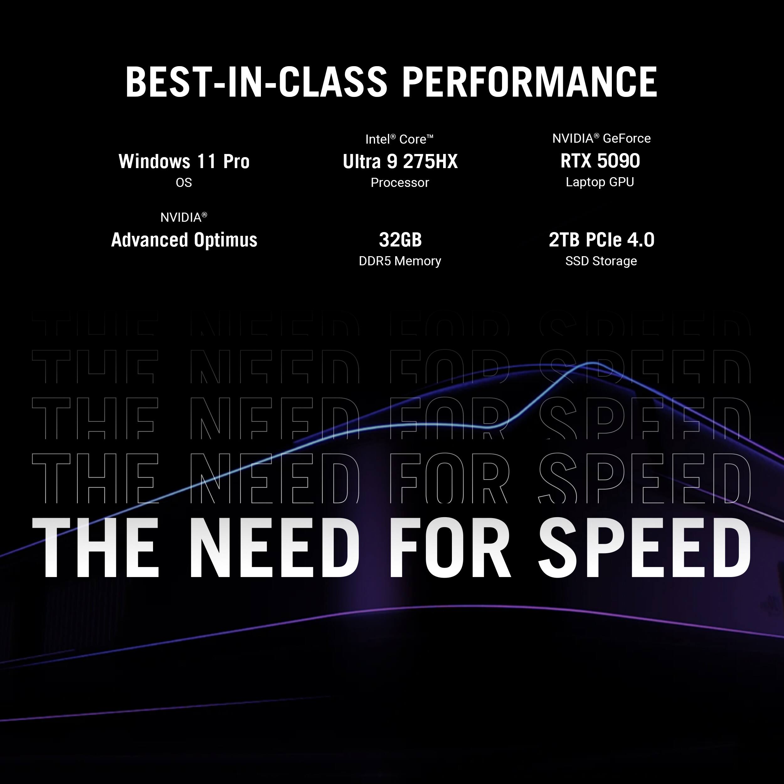 The image features a laptop with a Windows 11 Pro operating system, an Intel Core Ultra 9 275HX processor, and an NVIDIA GeForce RTX 5090 laptop GPU. The laptop also has 32GB DDR5 memory and 2TB PCle 4.0 SSD storage. The image is promoting the laptop as having the best-in-class performance, as it is designed to meet the needs of gamers and those who require high-speed computing.