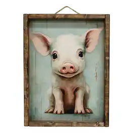 BreeBe - Sitting Pretty Piglet Portrait Framed Print - 12x16 - Pink, Light Blue, Natural