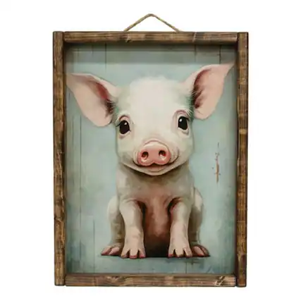 Front. BreeBe - Sitting Pretty Piglet Portrait Framed Print - 12x16 - Pink, Light Blue, Natural.