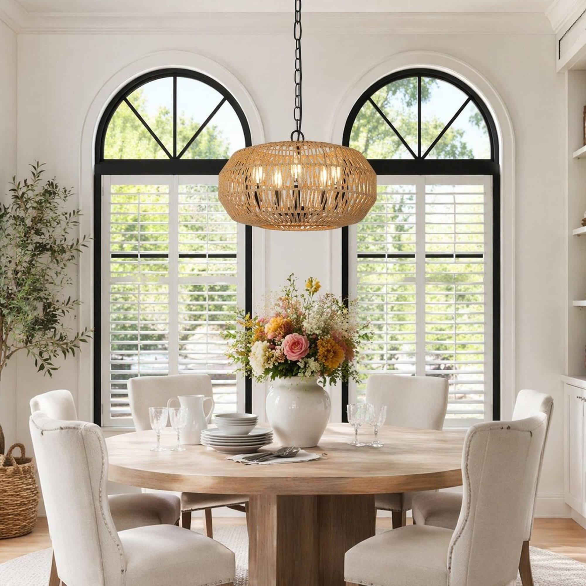 Left. RYHNUYNE - 5-Light Pendant Chandelier with Adjustable Metal Chain, Farmhouse Boho Ceiling Light Compatible Bulbs Not Included.