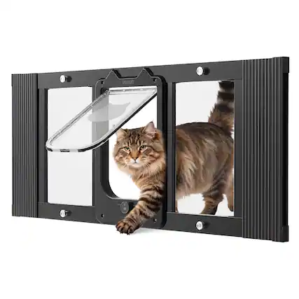 Front. VEVOR - Cat Door for Window, Adjustable to Fit Window Width 31"-36", 4 Secure Lock Modes, Aluminum Frame and High-Transparency.