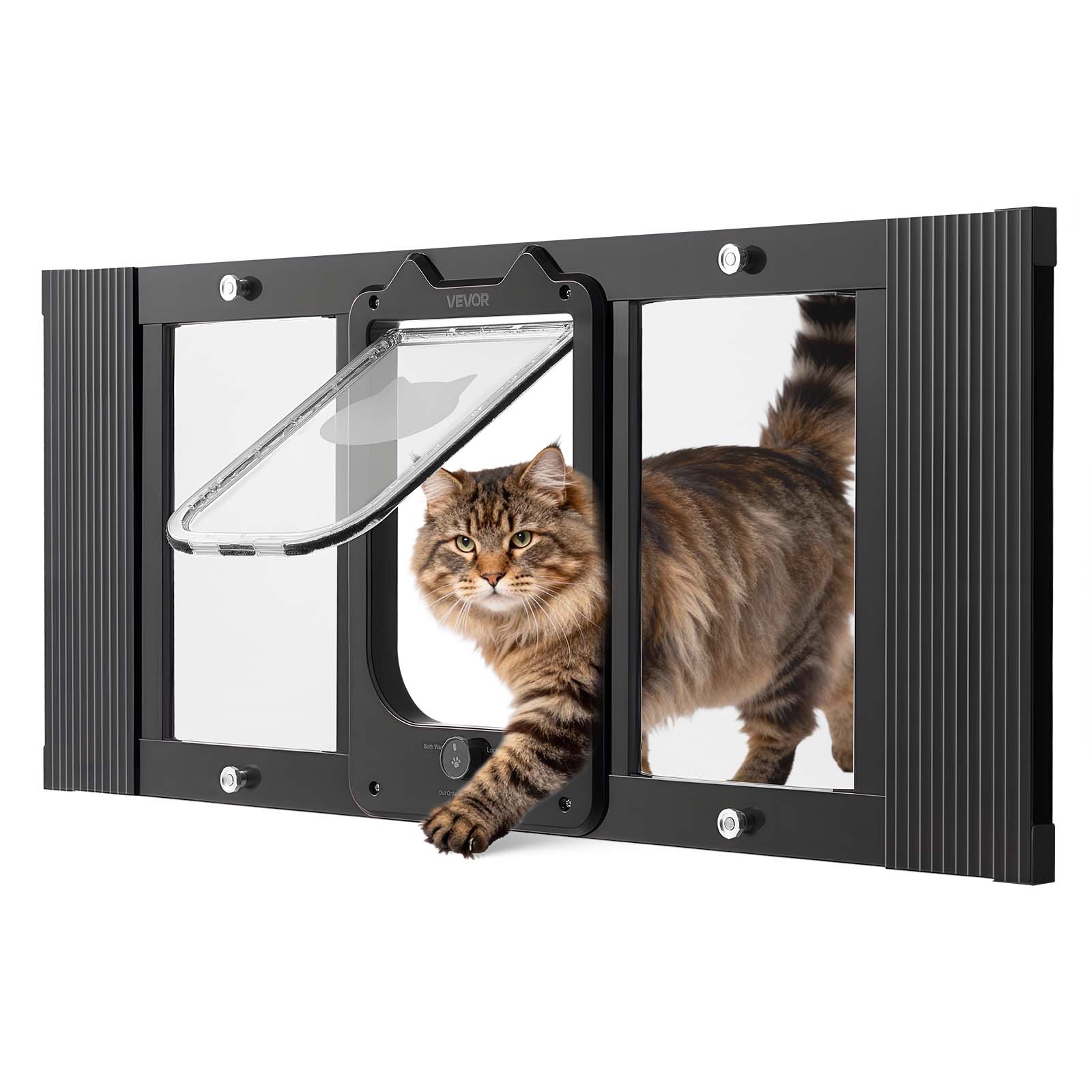 Front. VEVOR - Cat Door for Window, Adjustable to Fit Window Width 31"-36", 4 Secure Lock Modes, Aluminum Frame and High-Transparency.