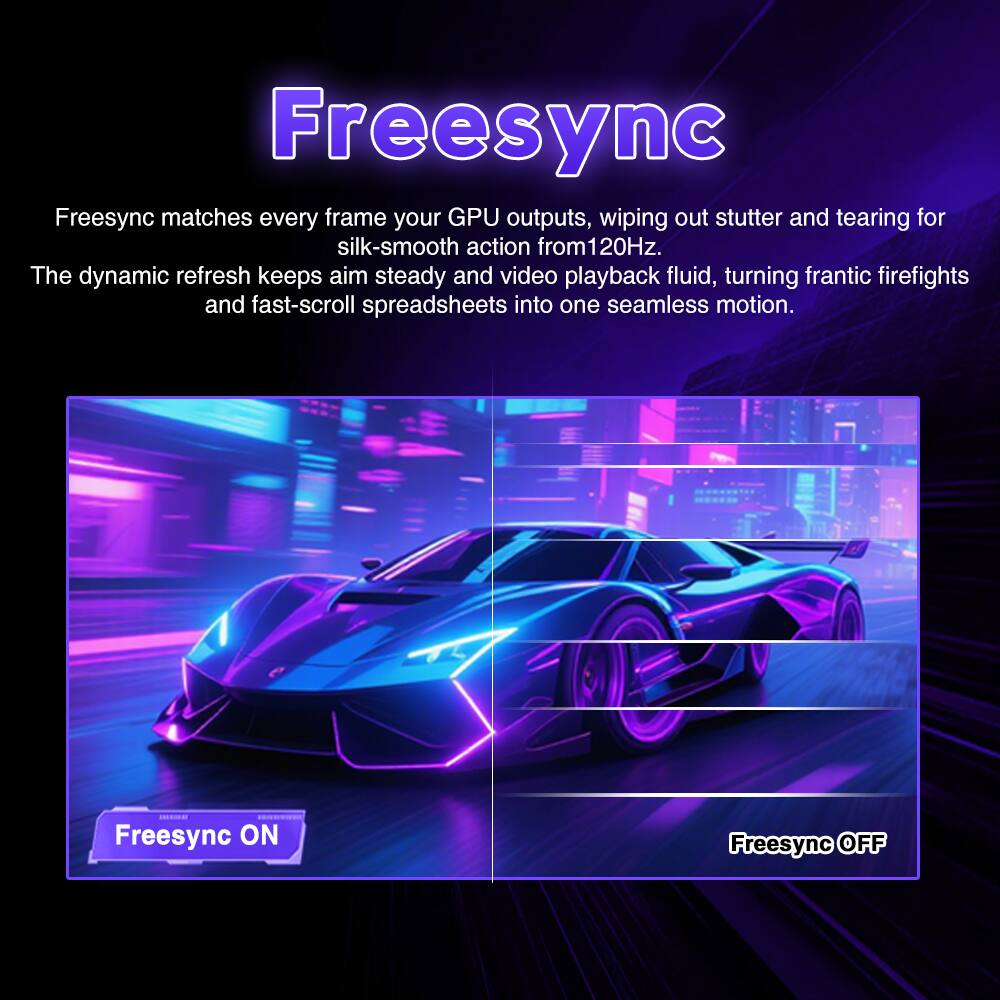 Freesync matches every frame your GPU outputs, wiping out stutter and tearing for silk-smooth action from 120Hz. The dynamic refresh keeps aim steady and video playback fluid, turning frantic firefights and fast-scroll spreadsheets into one seamless motion.

Freesync ON Freesync OFF