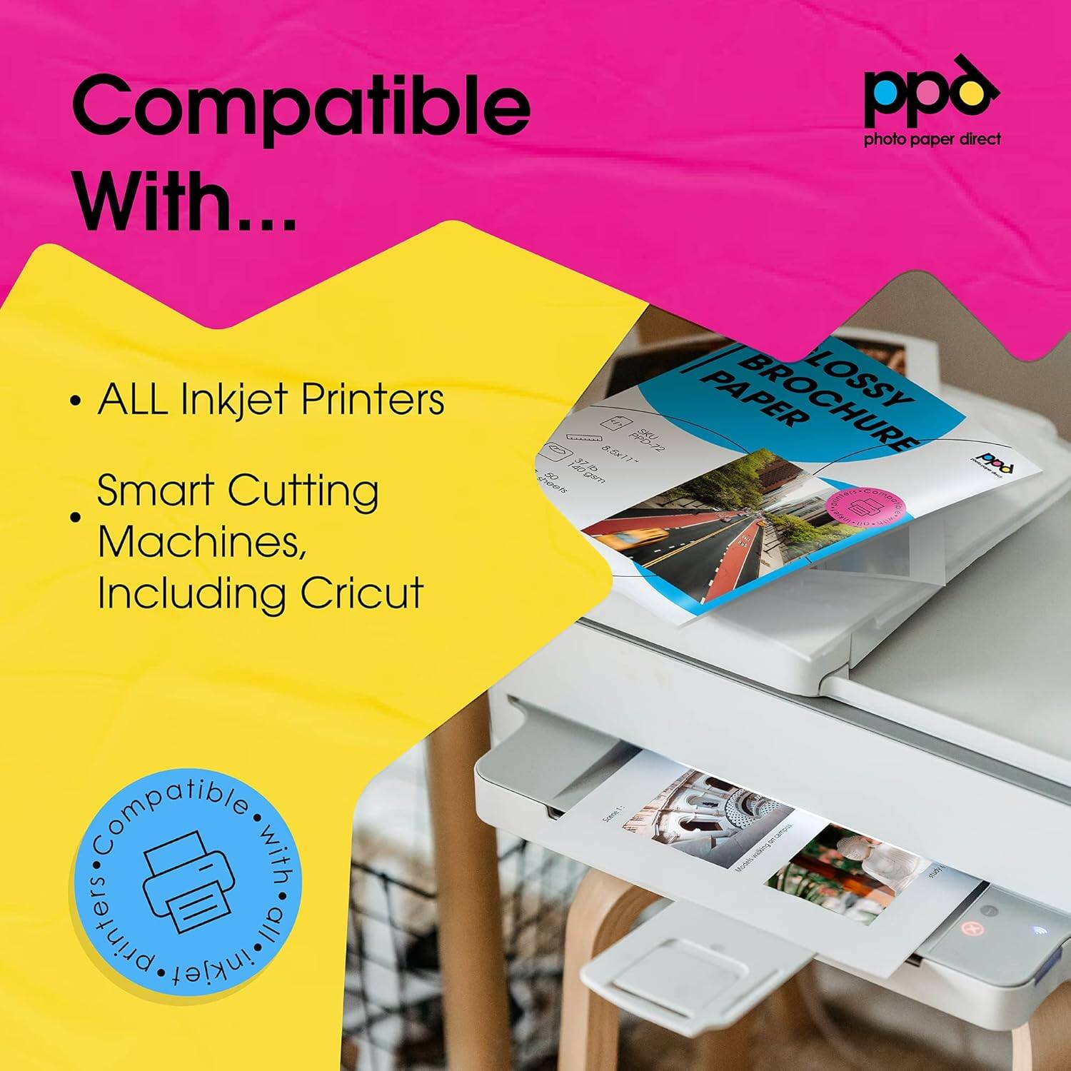 Compatible With... ALL Inkjet Printers, Smart Cutting Machines, Including Cricut. pp photo paper direct. PAPER LOSSY 381- F2 155uen in 3 Toe Pa. Compatible with printers all inkjet.