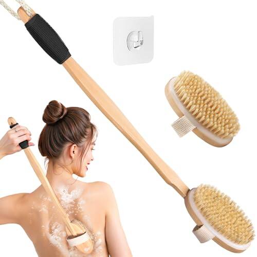 Front. DORLUKFU - Wood Body Brush Set,20.6’’ Long Handle Bath Body Back Scrubber Soft & Stiff Bristles Detachable 2 Brush Heads Gentle.