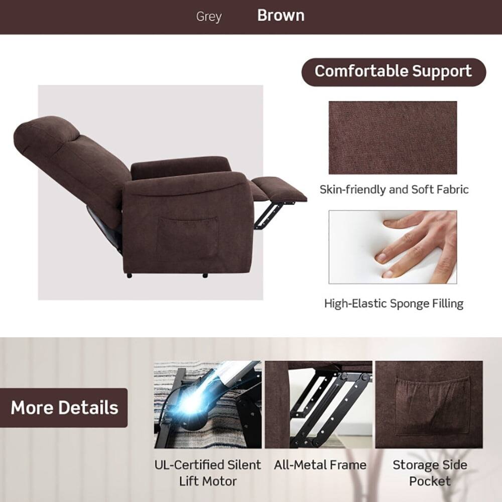 Grey Brown

Comfortable Support

- Skin-friendly and Soft Fabric
- High-Elastic Sponge Filling

More Details

- UL-Certified Silent Lift Motor
- All-Metal Frame
- Storage Side Pocket