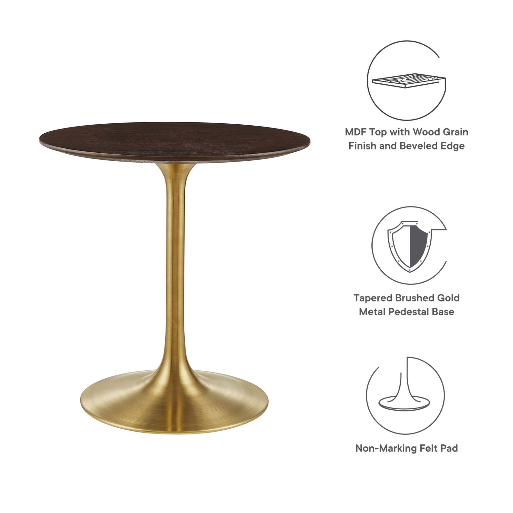 MDF Top with Wood Grain Finish and Beveled Edge  
Tapered Brushed Gold Metal Pedestal Base  
Non-Marking Felt Pad