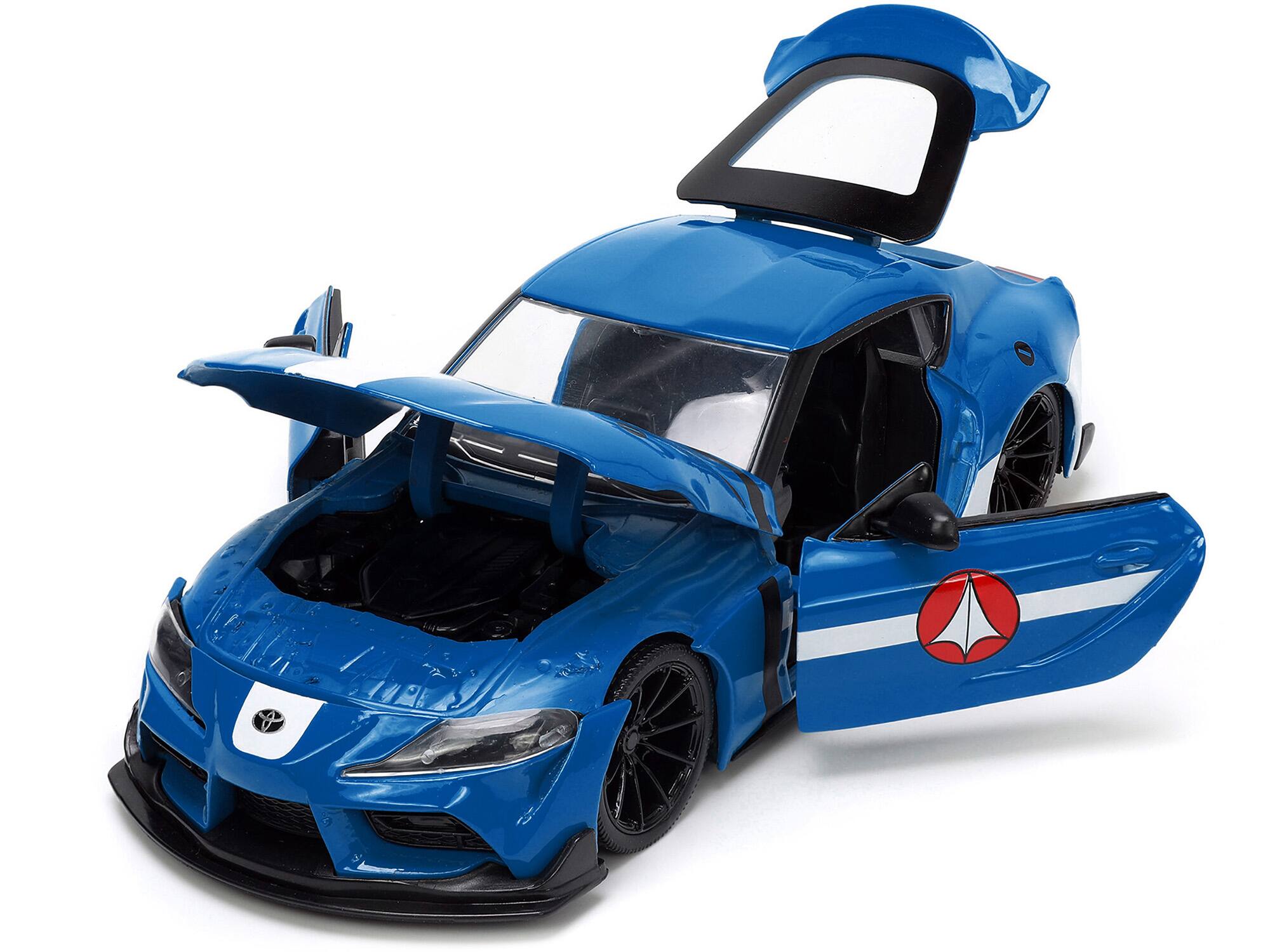 Alt View 1. Jada - 2020 Toyota Supra Blue w/Graphics & Max Sterling Figurine "Robotech" "Hollywood Rides" Series 1/24 Model Car by Jada.