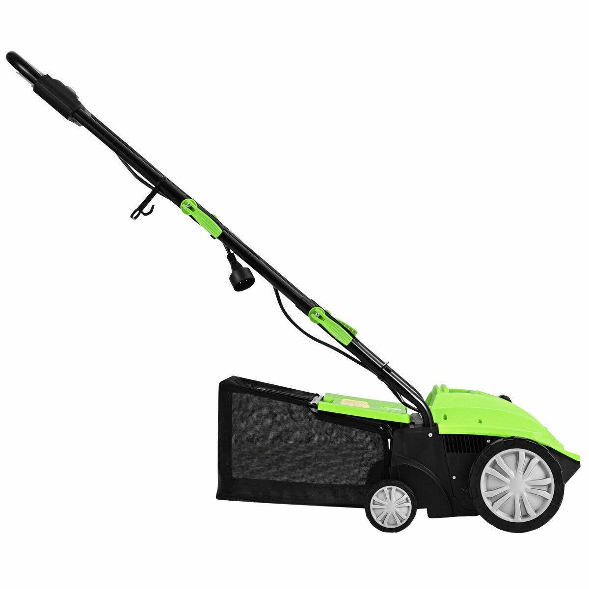 Left. SKONYON - 13 Inch 12 Amp Electric Scarifier with Collection Bag and Removable Blades - Green.