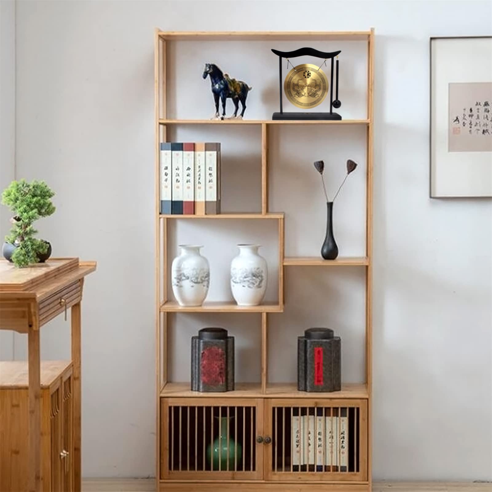 Alt View 5. Refined Abode Design - Tai Chi Double Dragon Brass Desk Gong 19cm – Meditation Sound Therapy with Coins Base - Fh1306.