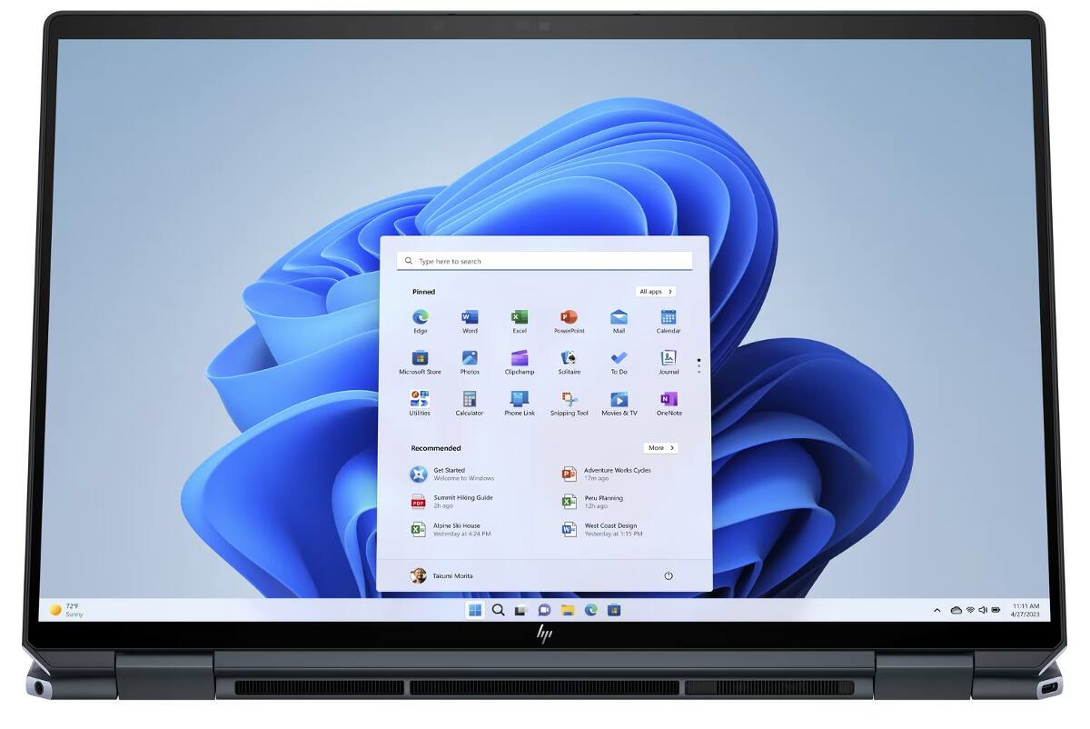 Sure, here is the corrected and grouped text:

---

**Pinned:**
- Edge
- Word
- Excel
- PowerPoint
- Mail
- Calendar
- Microsoft Store
- Photos
- Clipchamp
- Solitaire
- To Do
- Journal
- Utilities
- Calculator
- Phone Link
- Snipping Tool
- Movies & TV
- OneNote

**Recommended:**
- Get Started
  - Welcome to Windows
  - Summit Hiking Guide
  - Alpine Ski House
- Adventure Worlds Cycles
  - Peru Planning
  - West Coast Design

**More:**
- Takuji Monta

**Date and Time:**
- 4/27/2023
- 11:11 AM

**Weather:**
- 72°F
- Sunny

**Additional Text:**
- Type here to search
- All apps
- More
- Welcome to Windows
- Adventure Worlds Cycles
- Summit Hiking Guide
- Peru Planning
- West Coast Design
- Takuji Monta

---