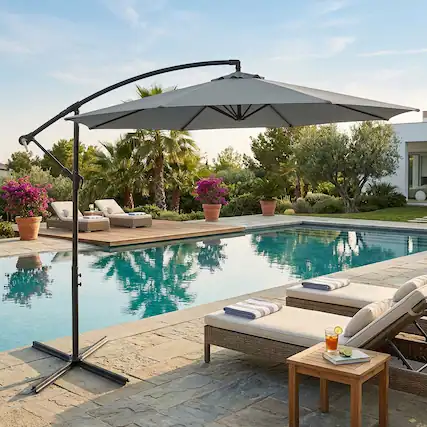 Front. WELLFOR - 10FT Offset Cantilever Patio Umbrella with 8 Ribs and Cross Base.