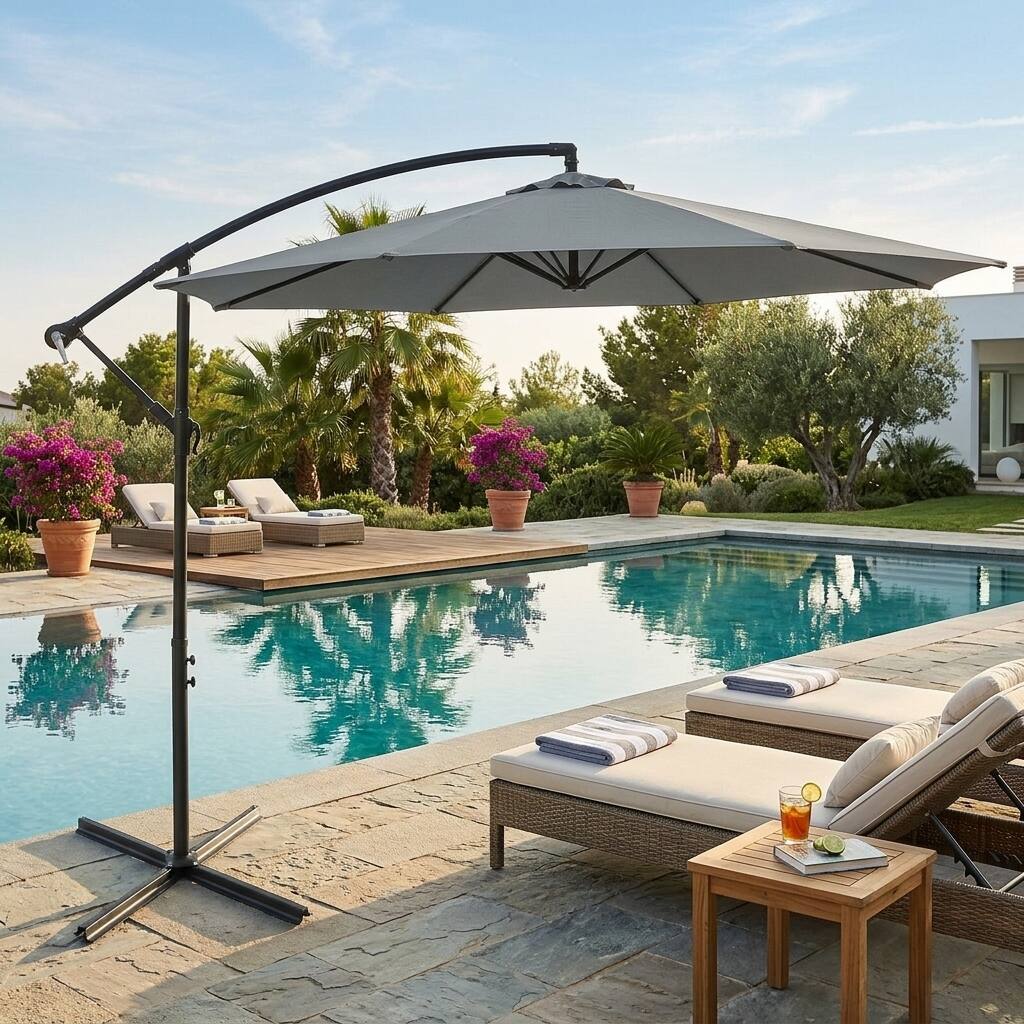 Front. WELLFOR - 10FT Offset Cantilever Patio Umbrella with 8 Ribs and Cross Base.