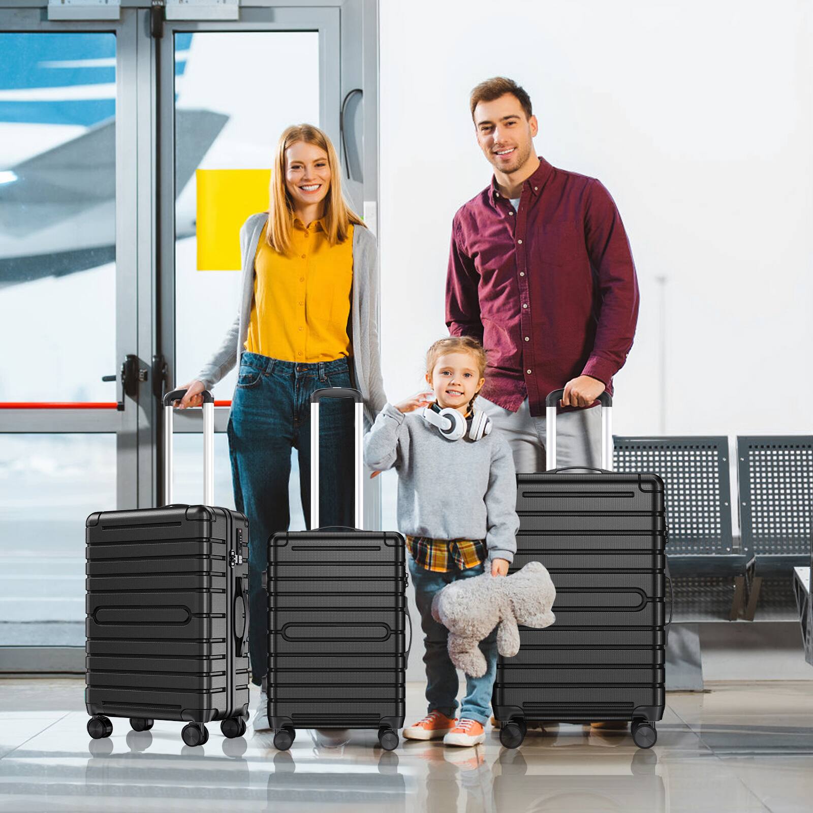 Alt View 4. Sugift - 3-Piece Hardshell Luggage Sets Checked Spinner PC & ABS Suitcase Set with YKK Zipper & TSA Lock,20in/24in/28in - Black.