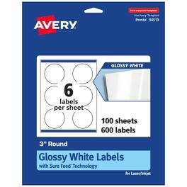 Avery - Round Labels with Sure Feed, 3" Diameter, 600 Glossy Labels - White