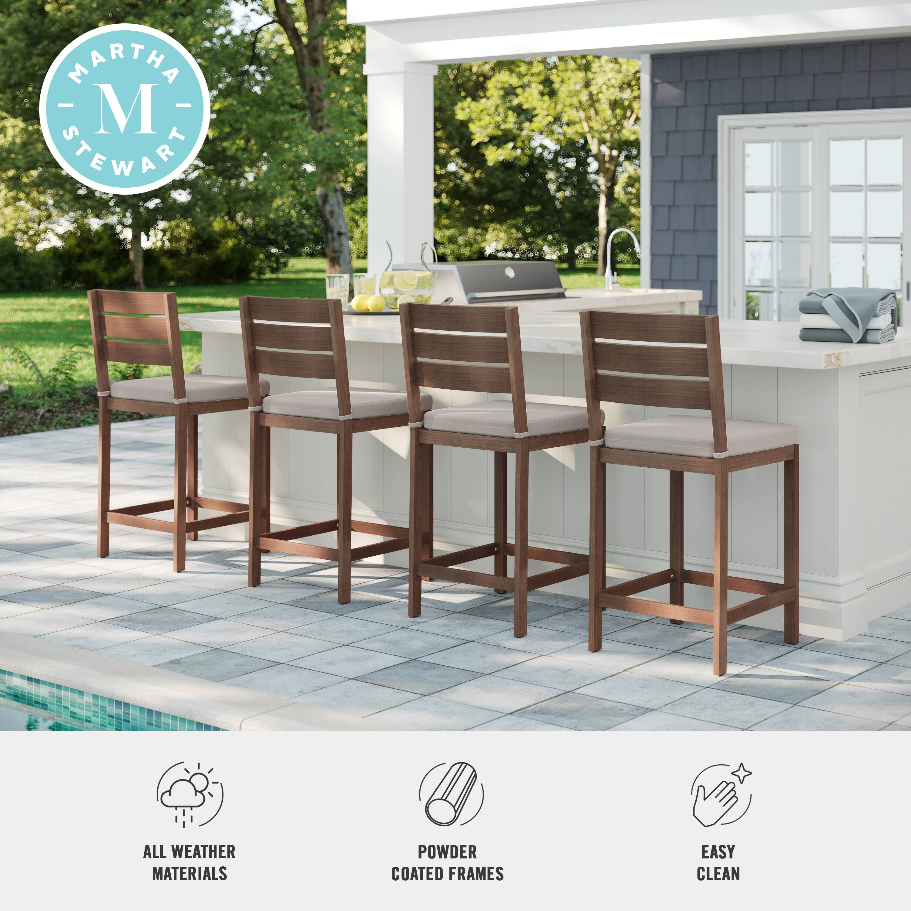 Martha Stewart all weather materials. Powder coated frames. Easy clean.
