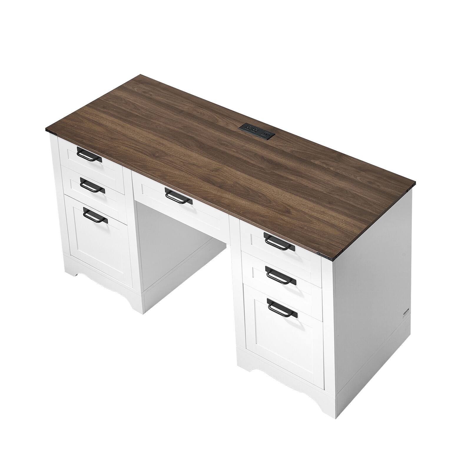Alt View 5. VEVOR - Executive Desk, Farmhouse Office Table with Charging Station, Heavy Duty Particle Board Executive Table - Walnut + White.