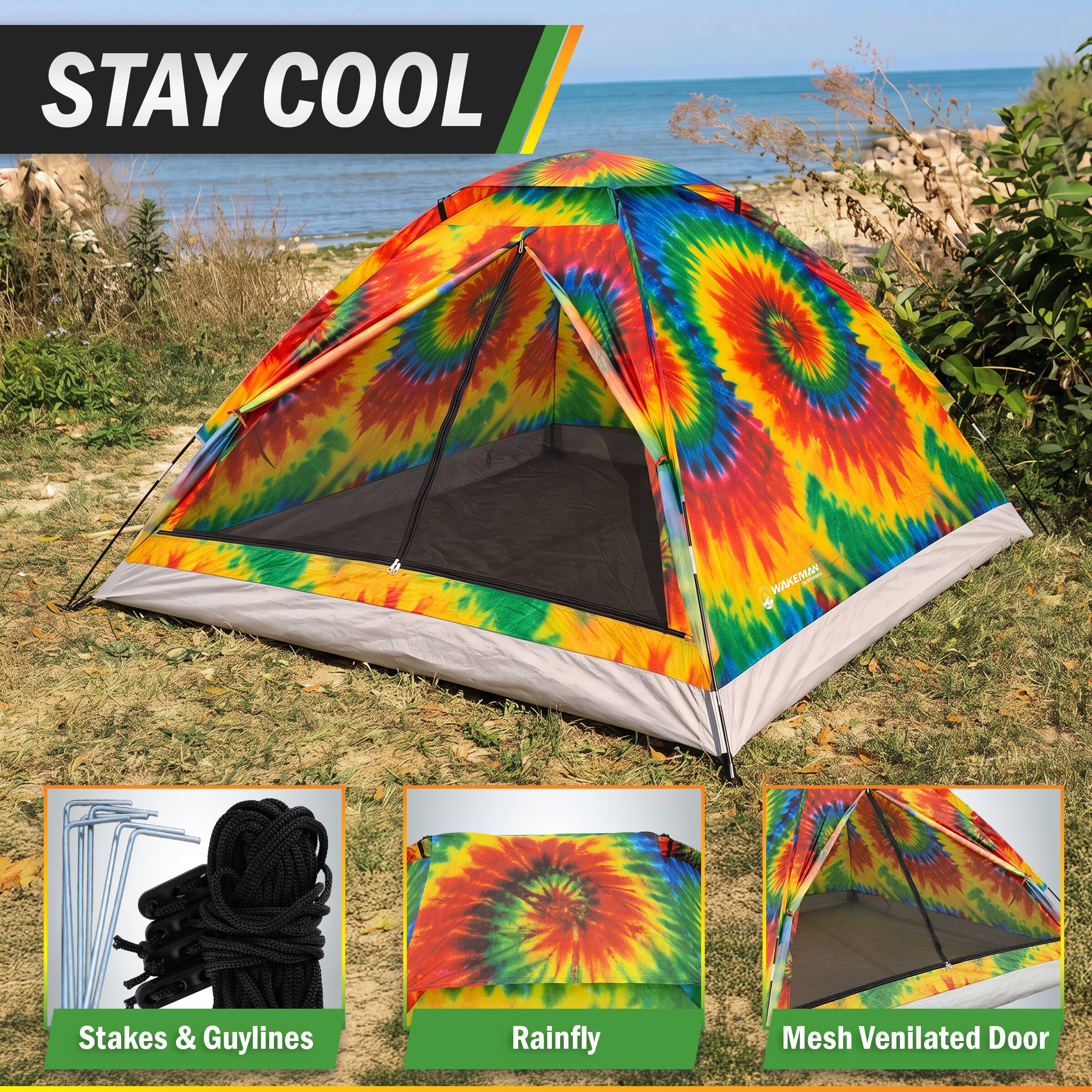 STAY COOL

WAKEMAN AGRIPT

Stakes & Guylines

Rainfly

Mesh Ventilated Door