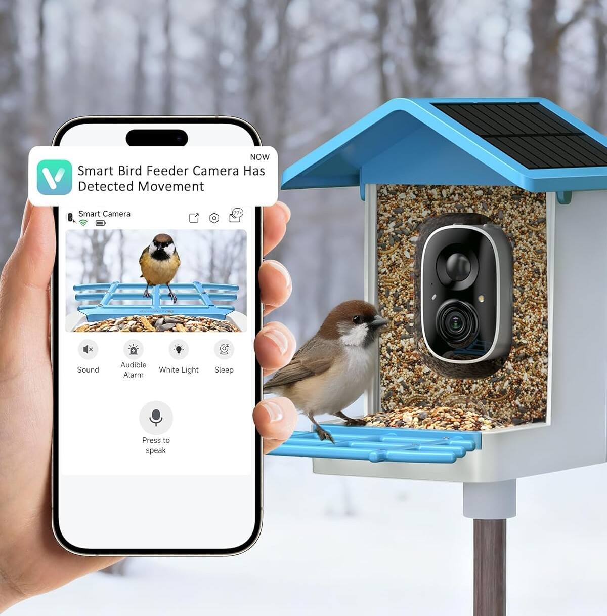 Smart Bird Feeder Camera Has Detected Movement  
Smart Camera  
Sound Audible White Light Alarm Sleep  
Press to speak