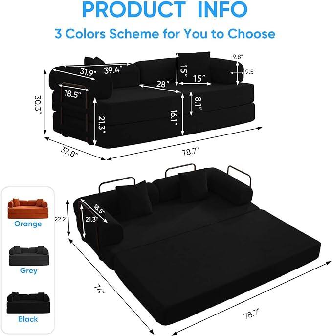 **PRODUCT INFO**

3 Colors Scheme for You to Choose

- Orange
- Grey
- Black

**Dimensions:**

- 30.3" (L)
- 31.9" (W)
- 39.4" (H)
- 18.5" (Seat Height)
- 21.3" (Seat Depth)
- 37.8" (Armrest Height)
- 15" (Armrest Width)
- 28" (Backrest Height)
- 8.1" (Backrest Depth)
- 16.1" (Backrest Width)
- 78.7" (Overall Length)
- 9.8" (Headrest Height)
- 9.5" (Headrest Depth)
- 22.2" (Seat Width)
- 74" (Overall Width)