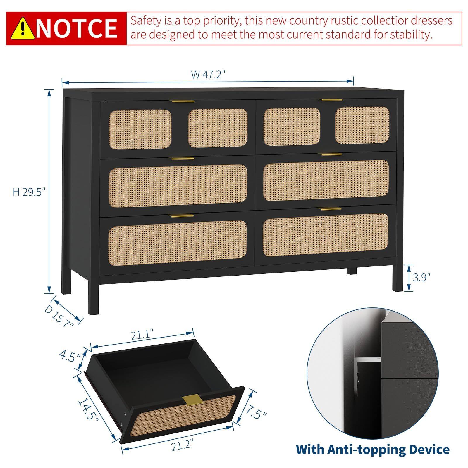 Safety is a top priority, this new country rustic collection dresser is designed to meet the most current standard for stability.

- W 47.2"
- H 29.5"
- D 15.7"
- D15.7"
- 4.5"
- 21.1"
- 14.5"
- 21.2"
- 7.5"
- 3.9"

With Anti-topping Device