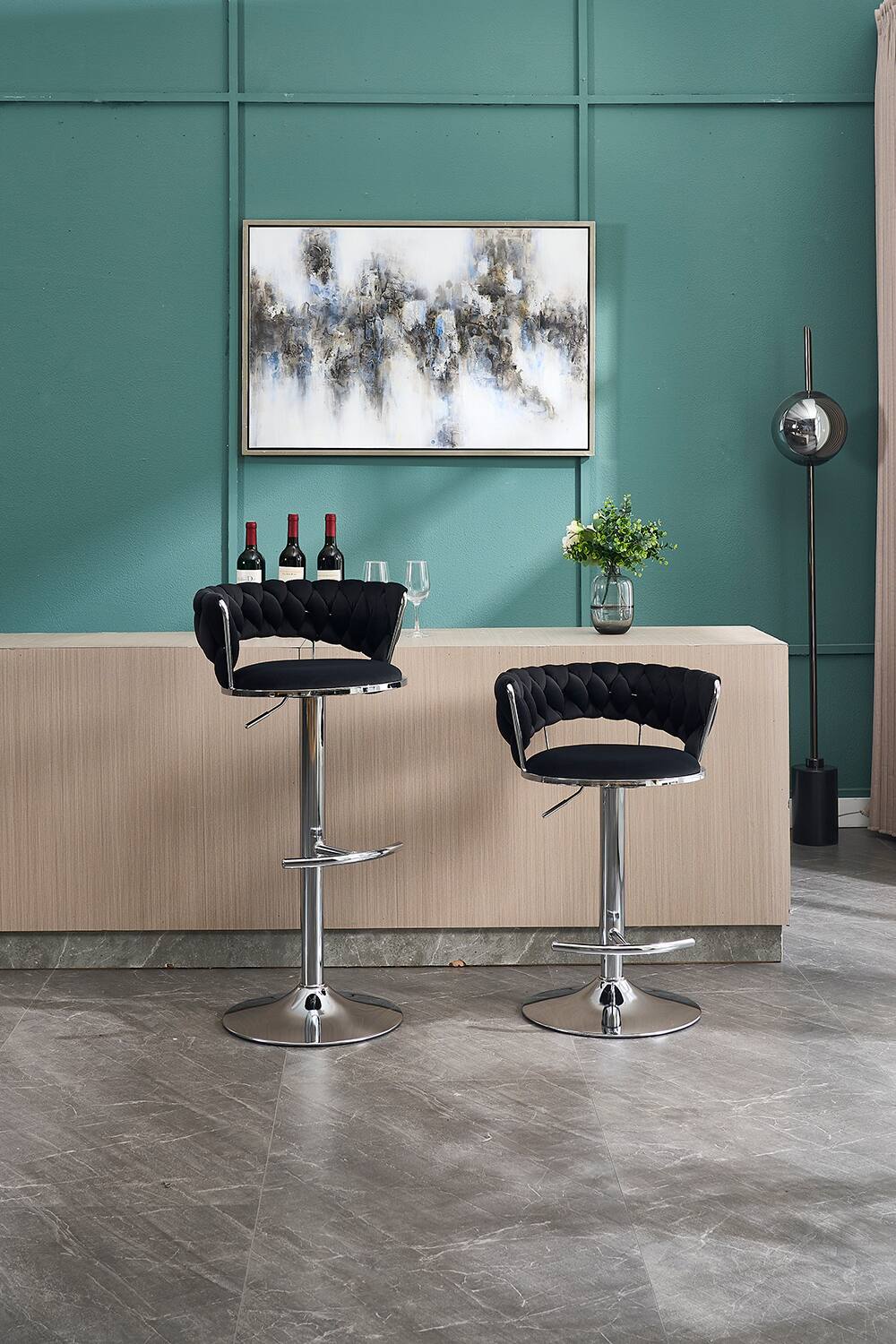 Left. APRILSOUL - Set of 2 Bar Stools Chrome Footrest Base Swivel Height Adjustable Velvet Chrome Leg BLACK - Black.